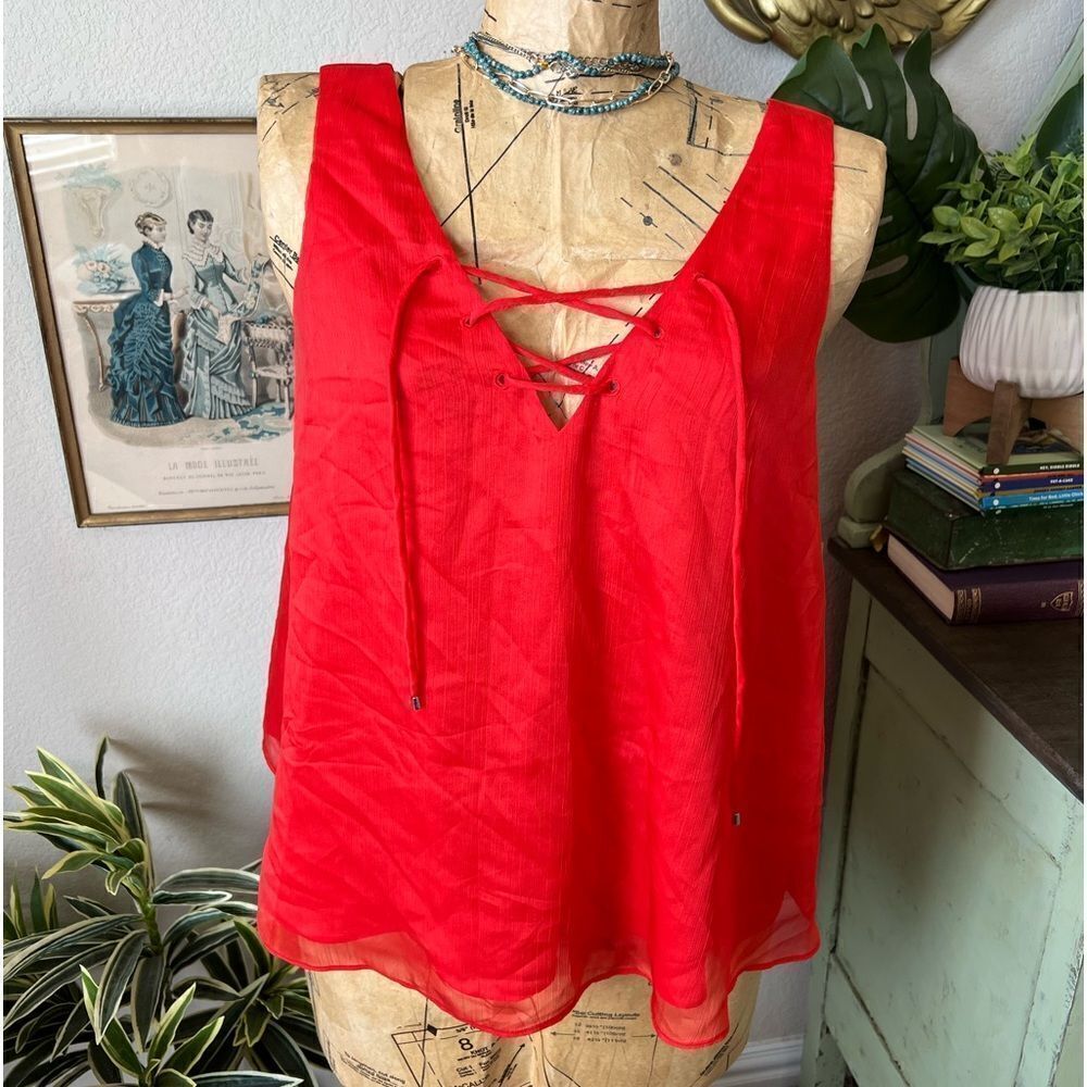 Rachel Roy NWT Red Party Time Anytime Passion Lace Up V Neck Sleeveless Blouse L